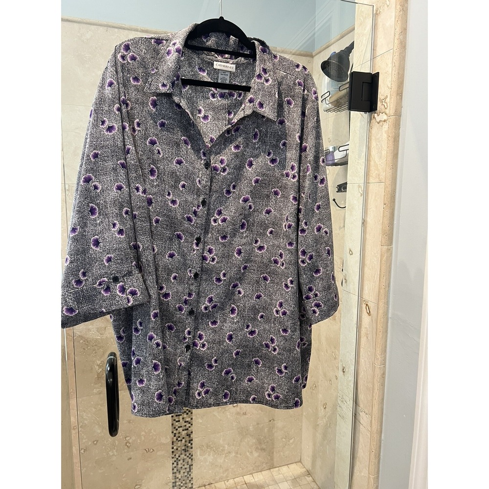 Catherines Womens 4X Plus Purple Floral Button Up Shirt 3/4 Roll Tab Sleeve